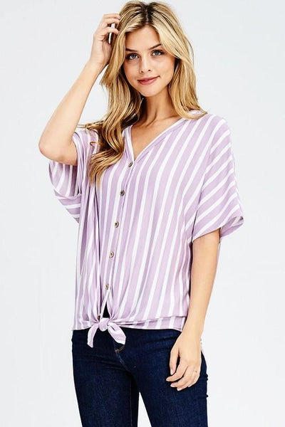 Lavender Front Self Tie Knot Striped Top