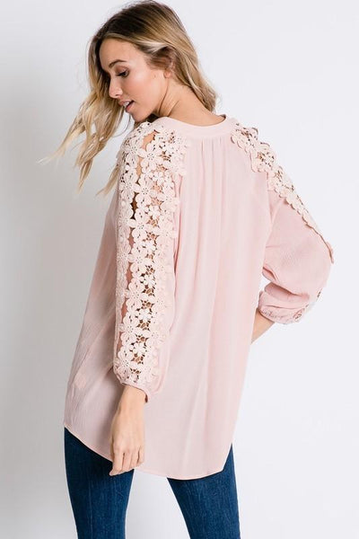 Baby Pink Floral Lace Detailed Sleeve Solid Top