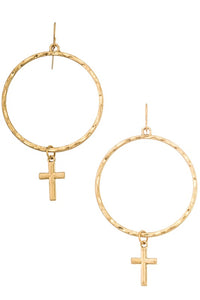 Worn Gold Hoop Cross Earrings