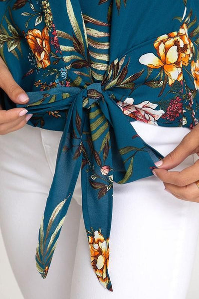 Teal Sleeveless Surplice Woven Floral Print Top