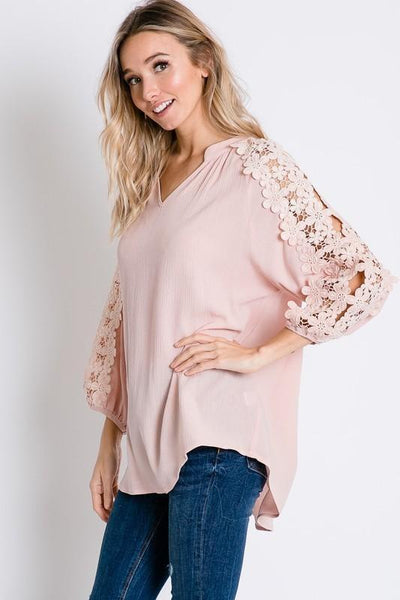 Baby Pink Floral Lace Detailed Sleeve Solid Top