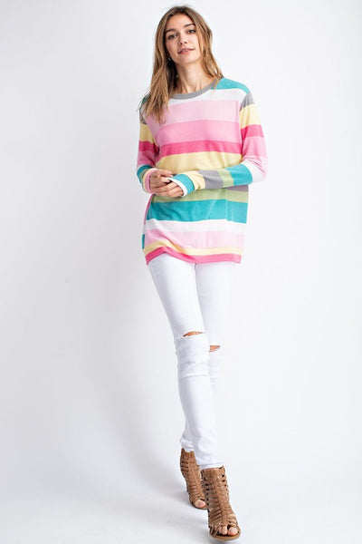 Pink/Teal Multi Color Stripe Long Sleeve Top