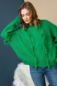 Green Cable Knit Sweater With Fringe