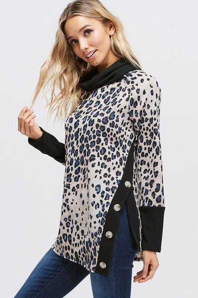 Cheetah Print Asymmetrical Hem And Buttons Sweater