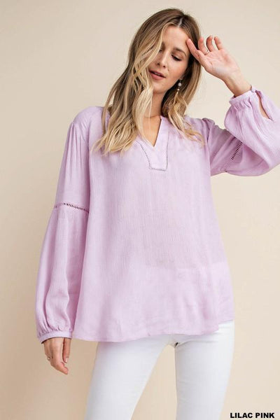 Lilac Pink Lace Trim Inserted Textured Fabric Blouse