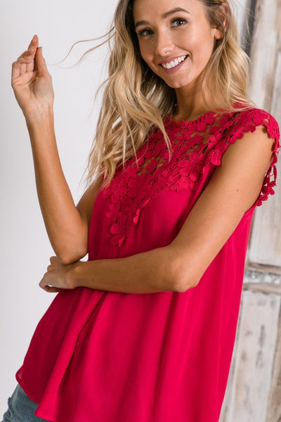 Fuchsia Floral Lace Mock Neck Top
