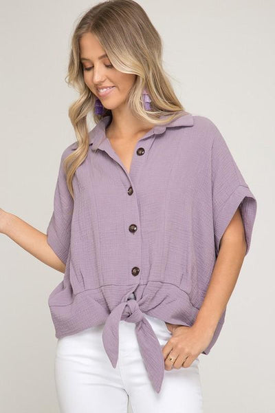 Lilac Half Sleeve Button DownTop With Front Tie
