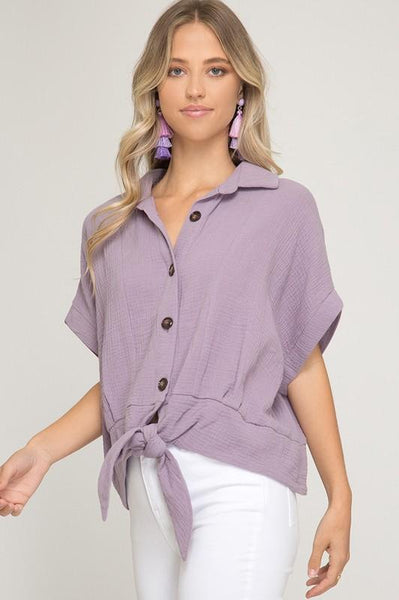 Lilac Half Sleeve Button DownTop With Front Tie