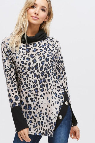 Cheetah Print Asymmetrical Hem And Buttons Sweater