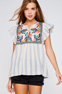 Flared Sleeve Embroidered Striped Top