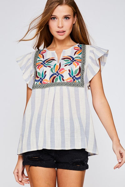 Flared Sleeve Embroidered Striped Top