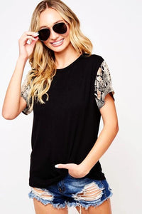 Black Solid T-Shirt with Snake Print Short Sleeve