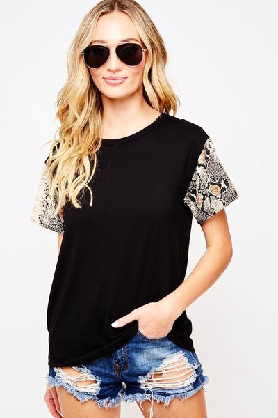 Black Solid T-Shirt with Snake Print Short Sleeve