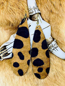 Cheetah HAIR ON Long Slim Teardrop Cowhide Leather Earrings
