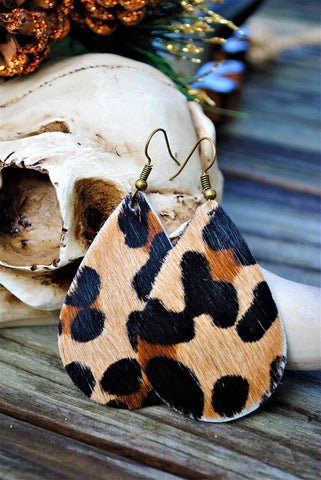 Cheetah HAIR ON Teardrop Cowhide Leather Earrings