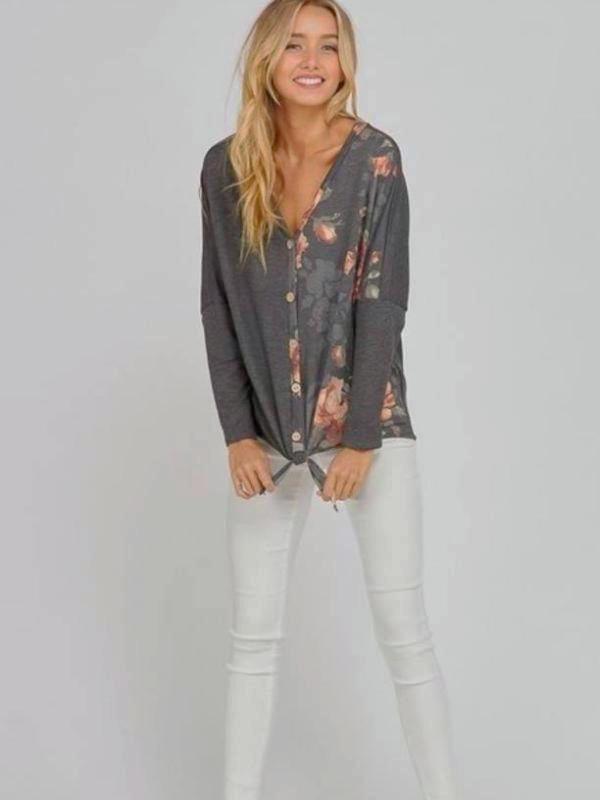 Charcoal Button Up Floral Printed Long Sleeve Top With Tied Bottom Detail