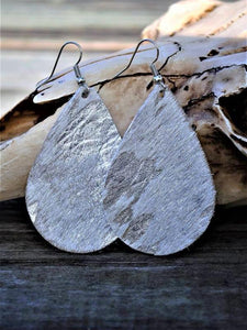 White/Silver Metallic Acid Washed Chunky Teardrop Leather Earrings