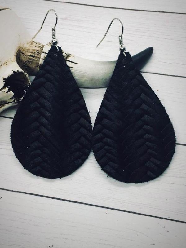 Jet Black Fishtail Braided Italian Leather Teardrop Earrings