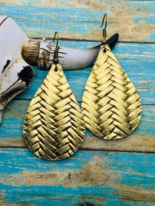Metallic Gold Fishtail Braided Italian Leather Teardrop Earrings