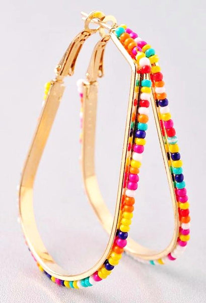 Teardrop Hoop Earrings With Colorful Seedbead Trim