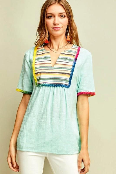 Peasant Embroidered Top With Colorful Stripe Bib Design