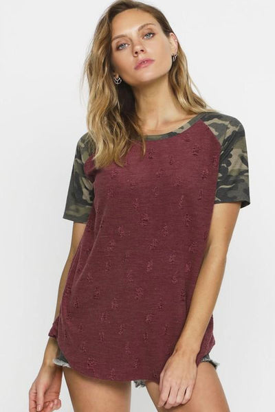 Burgundy Distressed Knit Top With Short Camo Sleeves