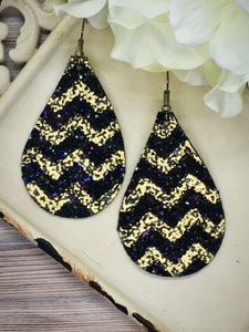 Black & Gold Chevron Print Glitter Teardrop Earrings