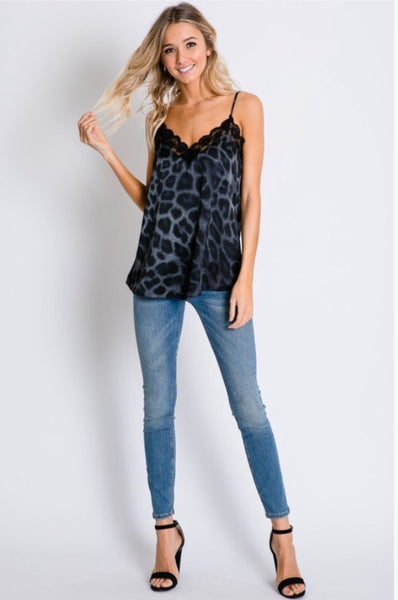 Navy Leopard Pring Laced Cami Top