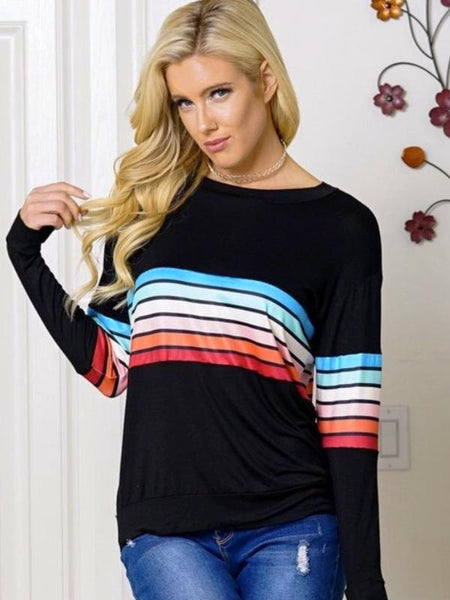 Black Multi Color Stripe Long Sleeve Top Featuring Round Neck