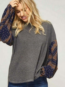 Charcoal/Navy Waffle Knit Top Featuring Contrast Floral Pattern Long Sleeves