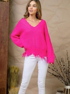 Neon Fuchsia Frayed Sweater