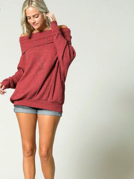 Wine Ribbed Knit Pullover Long Sleeve Off Shoulder Top