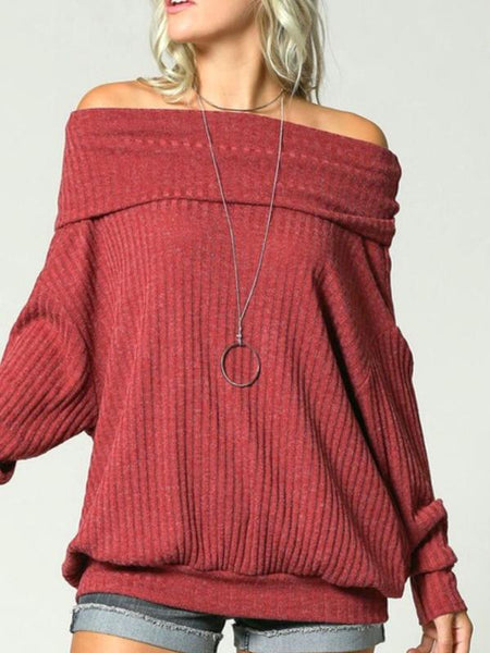Wine Ribbed Knit Pullover Long Sleeve Off Shoulder Top