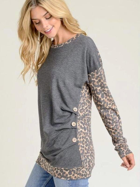Charcoal Contrast Leopard Top With A Round Neckline, Long Sleeves, Banded Hem And Peat/Button Detail