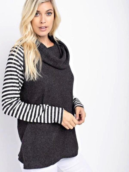 Black Contrast Knit Top Featuring Turtle Neck And Striped Long Sleeves