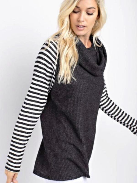 Black Contrast Knit Top Featuring Turtle Neck And Striped Long Sleeves
