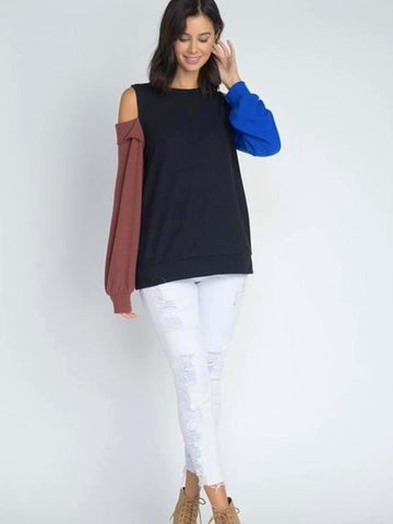 Black Color Block Open Shoulder Sweater Top