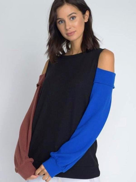 Black Color Block Open Shoulder Sweater Top