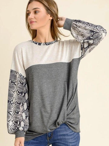 Oatmeal/Charcoal Long Puff Sleeves With Twisted Hem Top