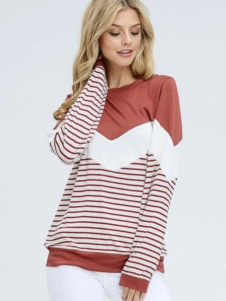 Rust Long Sleeve Solid Knit Top Featuring Chevron Striped Design