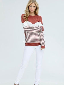 Rust Long Sleeve Solid Knit Top Featuring Chevron Striped Design