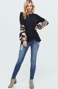 Black Solid Knit Sweater with Tiger Print Long Puff Sleeves