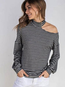 Black Striped French Terrry Mock Neck Open One Shoulder Top
