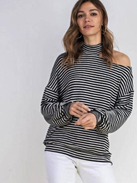 Black Striped French Terrry Mock Neck Open One Shoulder Top