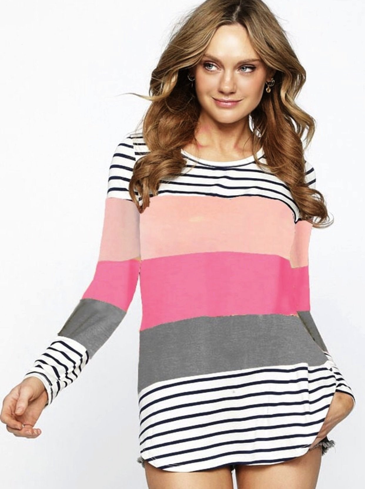 Blush/Pink/Grey Top With Black and White Stripes