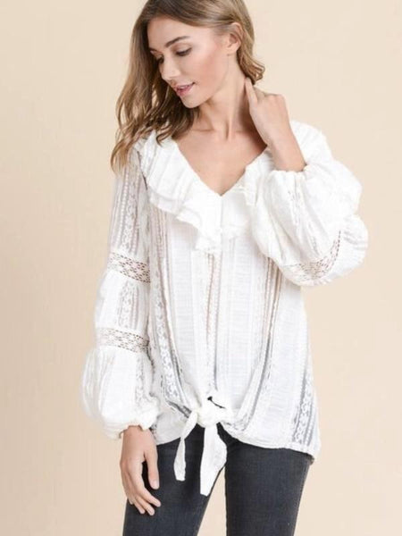Ivory Ruffled Bottom Lace Tie Top