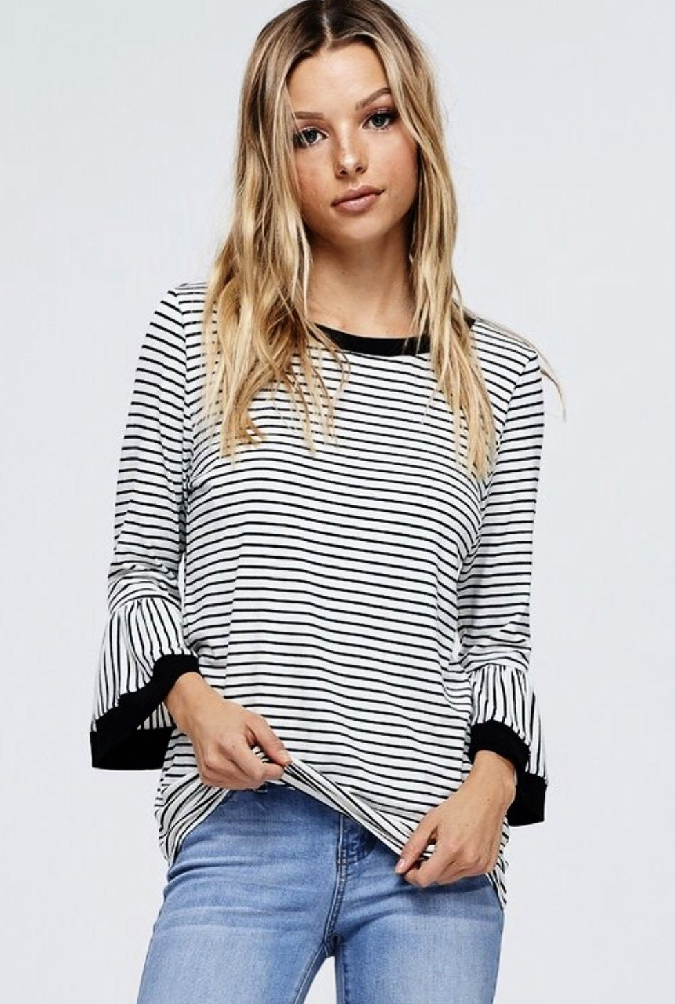 White Bell Sleeve Stripe Knit Top