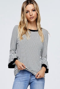 White Bell Sleeve Stripe Knit Top
