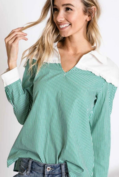 GREEN STRIPE AND SOLID CONTRAST LONG SLEEVE SHIRT