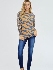 Brown Tiger Print Knit Top Featuring Round Neck And Cheetah Raglan Sleeve